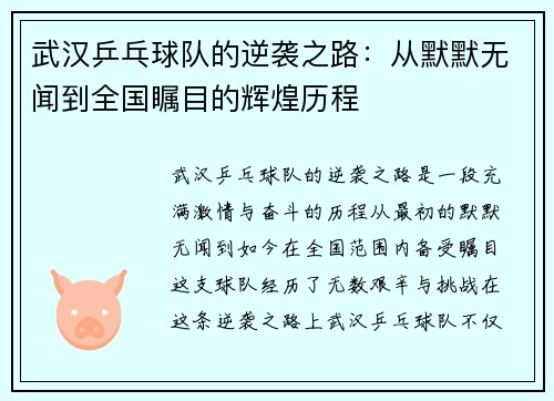 武汉乒乓球队的逆袭之路：从默默无闻到全国瞩目的辉煌历程